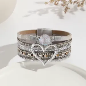 NEW Metal Love Heart Charm Leather Bracelets for Women Bohemian Rhinestone Resin Wrap Bracelet Couple Jewelry New Fashion, Silver