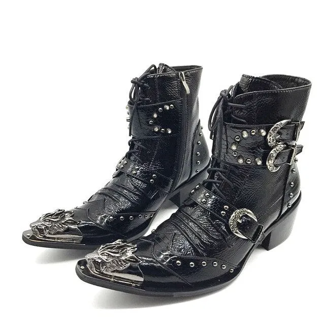 New Punk Style Genuine Leather Men Ankle Boots Iron Pointed Toe Lace Up Mens Military Cowboy Boots High Top Buckles Botas Hombre