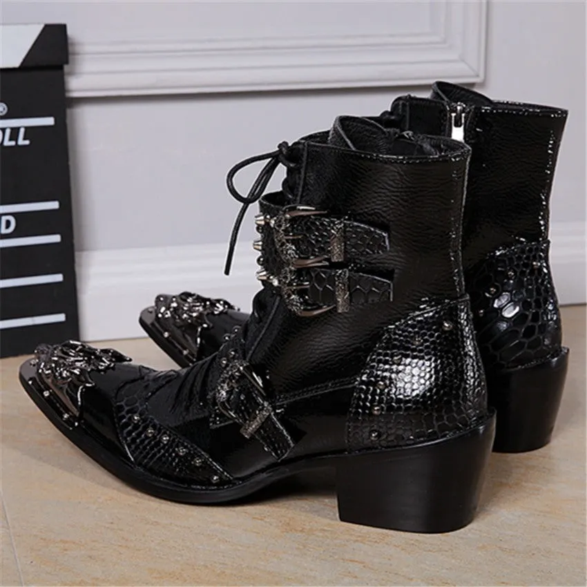 New Punk Style Genuine Leather Men Ankle Boots Iron Pointed Toe Lace Up Mens Military Cowboy Boots High Top Buckles Botas Hombre