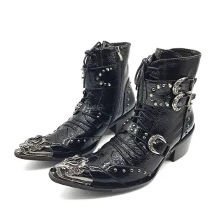 New Punk Style Genuine Leather Men Ankle Boots Iron Pointed Toe Lace Up Mens Military Cowboy Boots High Top Buckles Botas Hombre