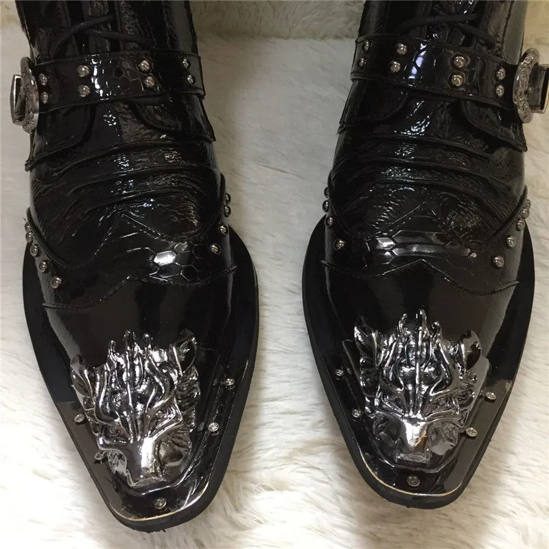 New Punk Style Genuine Leather Men Ankle Boots Iron Pointed Toe Lace Up Mens Military Cowboy Boots High Top Buckles Botas Hombre