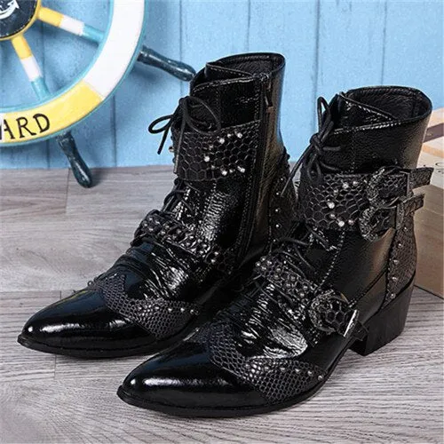 New Punk Style Genuine Leather Men Ankle Boots Iron Pointed Toe Lace Up Mens Military Cowboy Boots High Top Buckles Botas Hombre