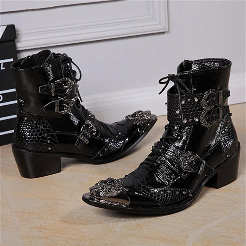 New Punk Style Genuine Leather Men Ankle Boots Iron Pointed Toe Lace Up Mens Military Cowboy Boots High Top Buckles Botas Hombre