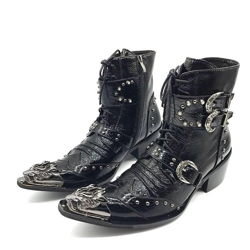 New Punk Style Genuine Leather Men Ankle Boots Iron Pointed Toe Lace Up Mens Military Cowboy Boots High Top Buckles Botas Hombre