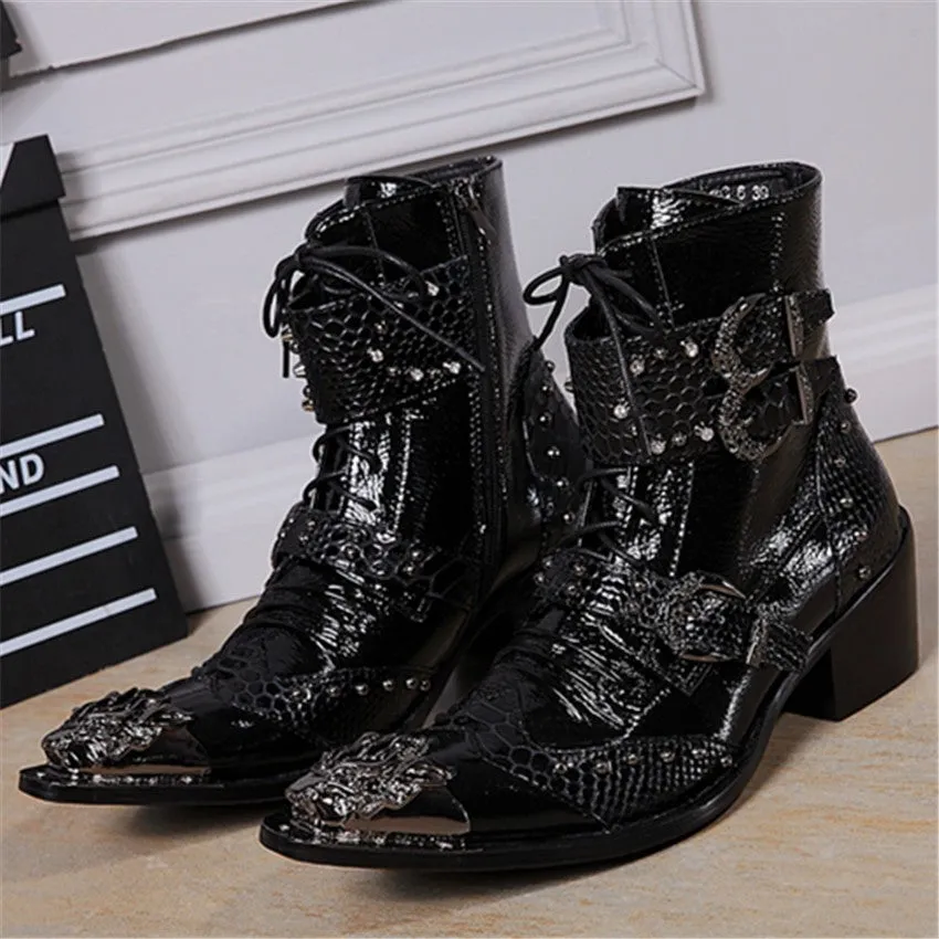 New Punk Style Genuine Leather Men Ankle Boots Iron Pointed Toe Lace Up Mens Military Cowboy Boots High Top Buckles Botas Hombre