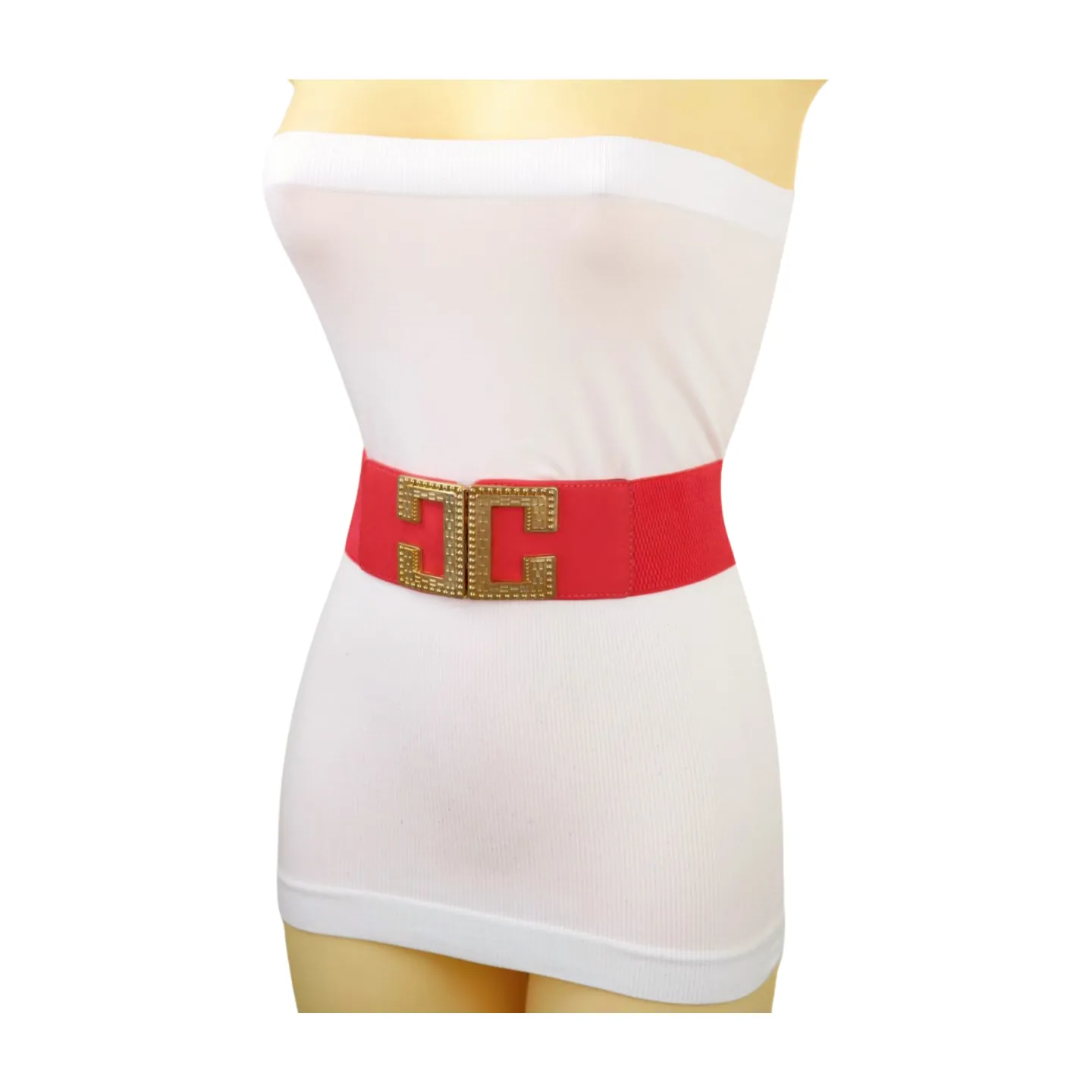 New Women Red Elastic Fashion Belt Gold Metal C Buckle Size S M