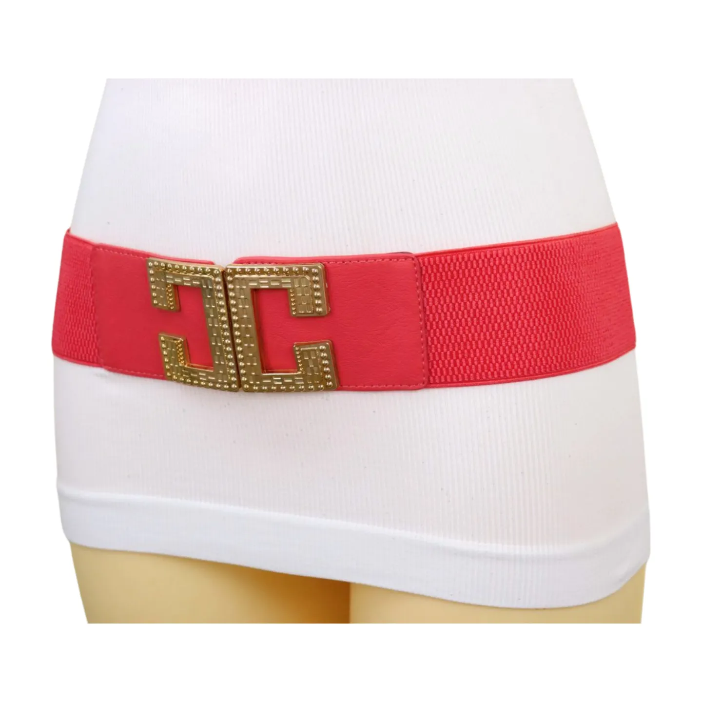 New Women Red Elastic Fashion Belt Gold Metal C Buckle Size S M