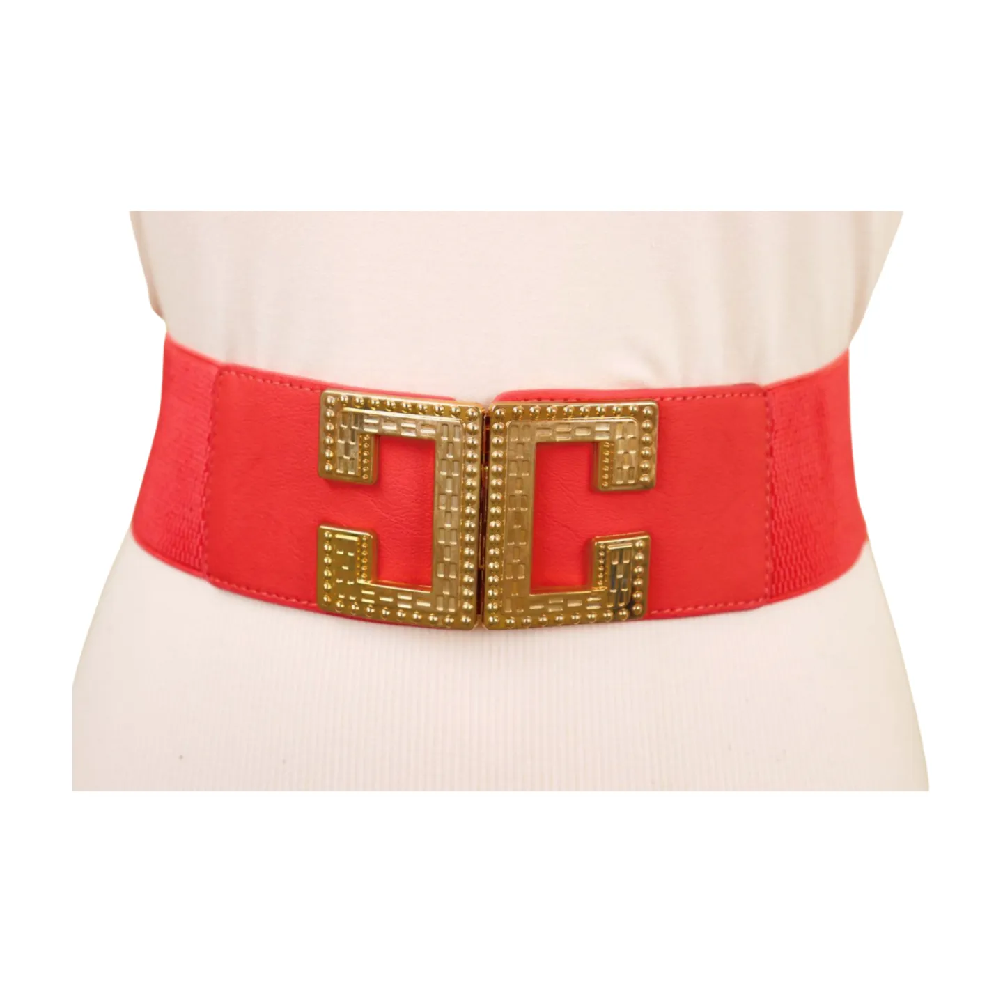 New Women Red Elastic Fashion Belt Gold Metal C Buckle Size S M