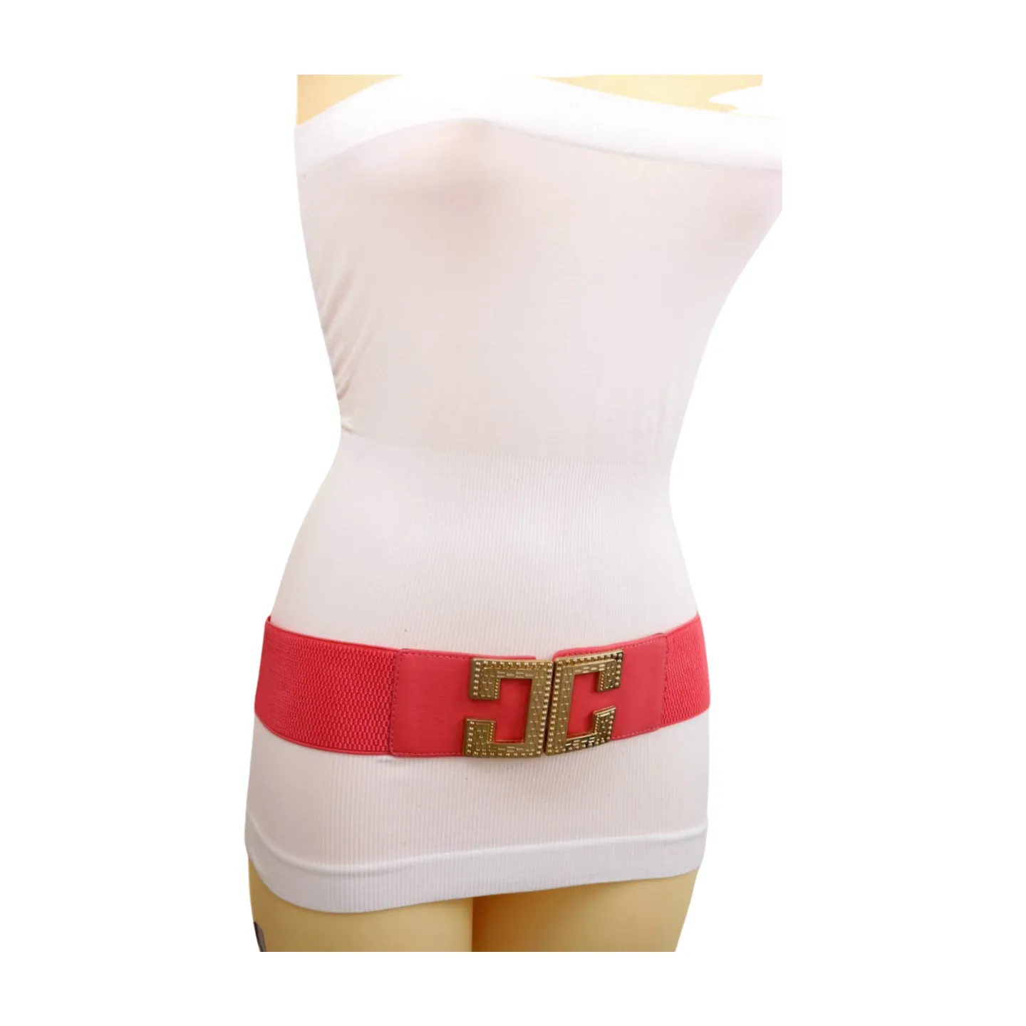 New Women Red Elastic Fashion Belt Gold Metal C Buckle Size S M