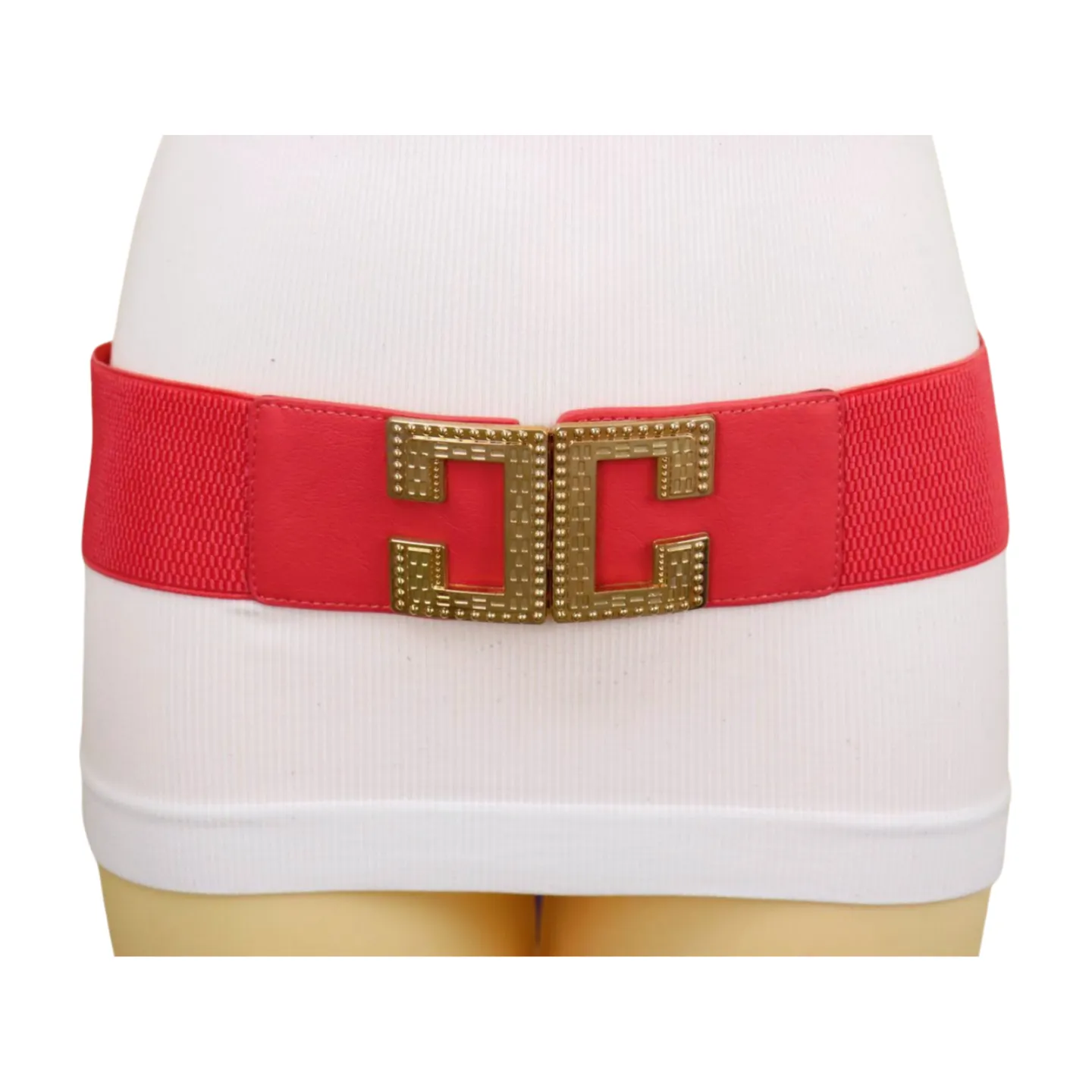 New Women Red Elastic Fashion Belt Gold Metal C Buckle Size S M