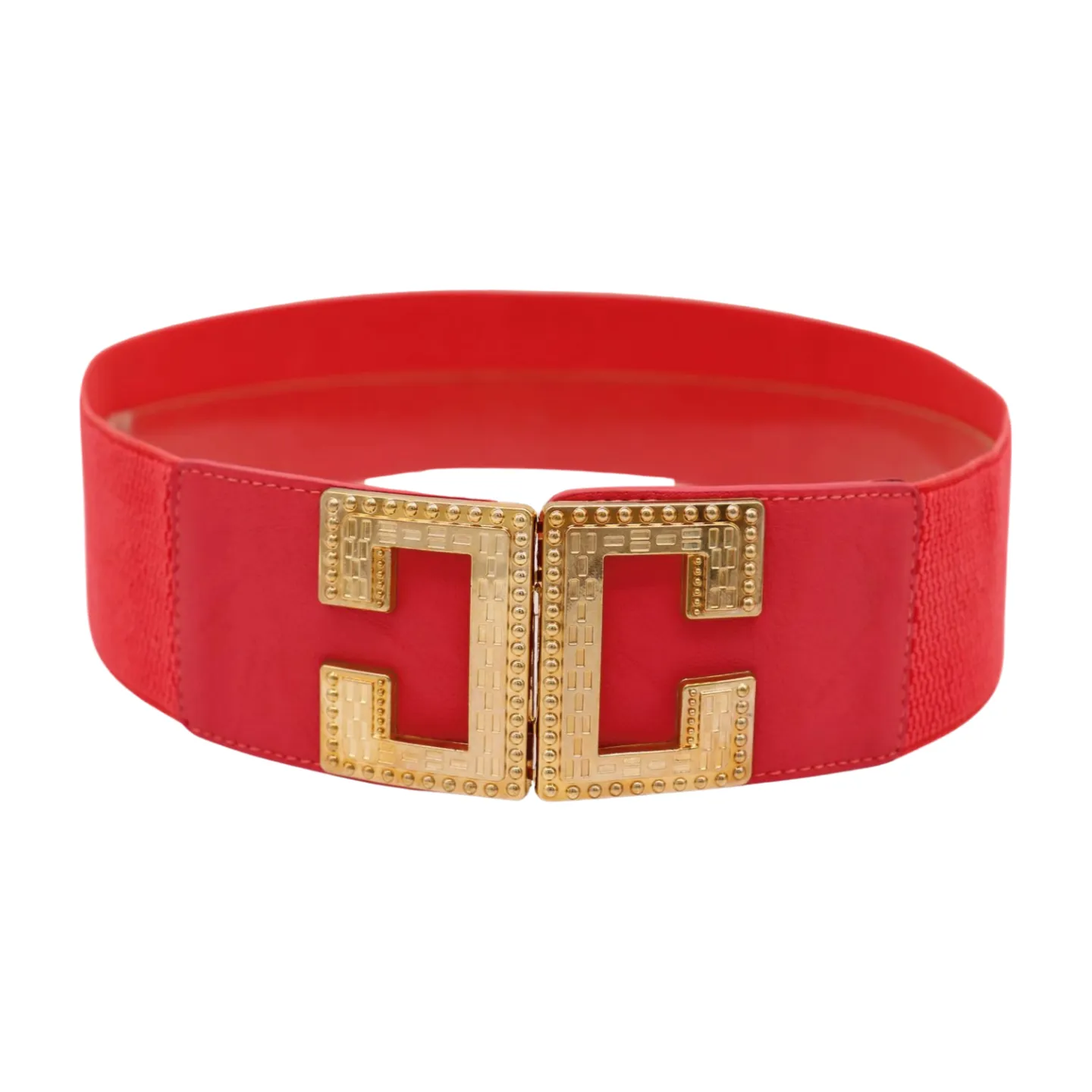 New Women Red Elastic Fashion Belt Gold Metal C Buckle Size S M