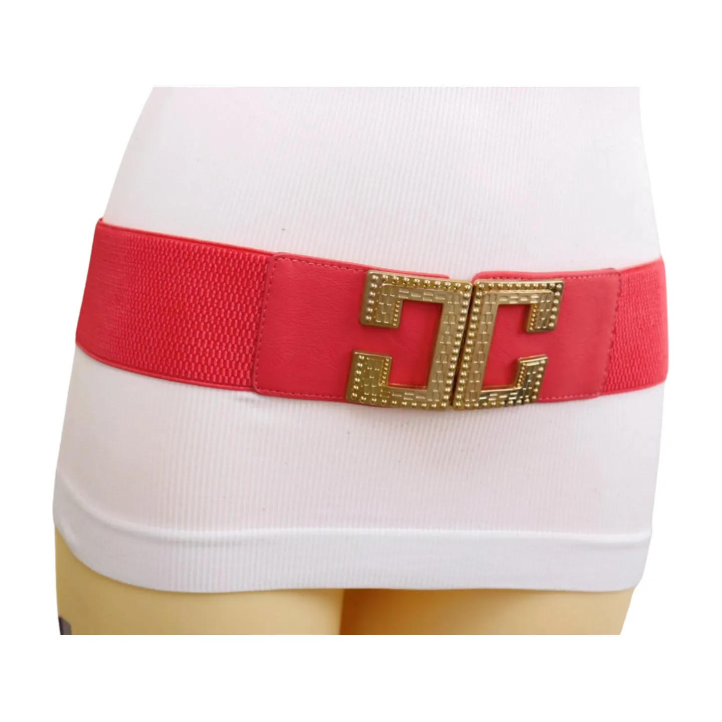 New Women Red Elastic Fashion Belt Gold Metal C Buckle Size S M