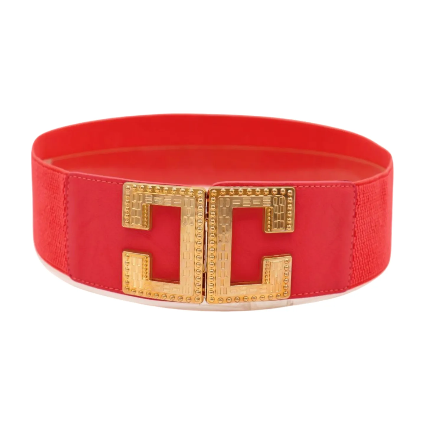 New Women Red Elastic Fashion Belt Gold Metal C Buckle Size S M