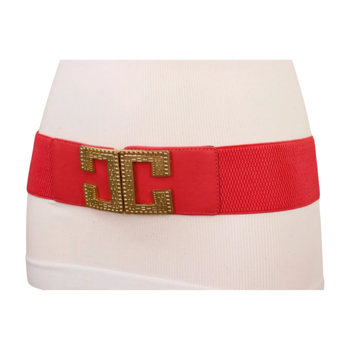 New Women Red Elastic Fashion Belt Gold Metal C Buckle Size S M