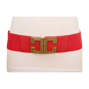 New Women Red Elastic Fashion Belt Gold Metal C Buckle Size S M