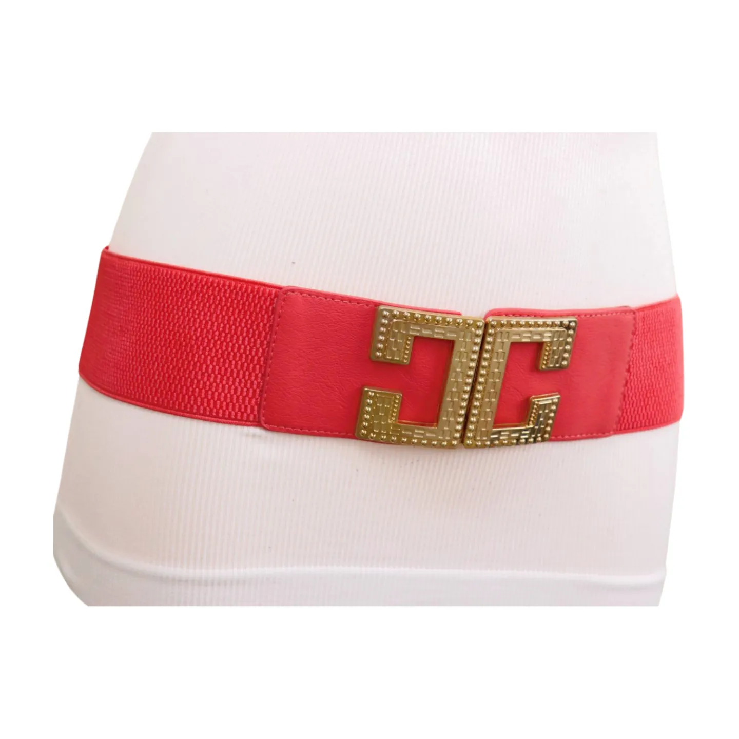 New Women Red Elastic Fashion Belt Gold Metal C Buckle Size S M
