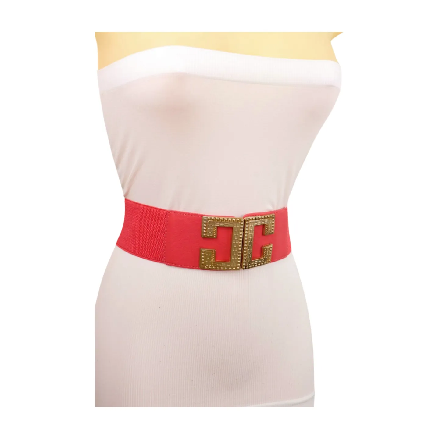 New Women Red Elastic Fashion Belt Gold Metal C Buckle Size S M