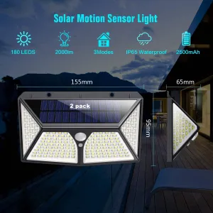 NIB! Solar Lights Outdoor,180 LEDs Wireless Motion Sensor Light 3 Modes Security Lighting Wall Lights,IP65 Waterproof Easy-to-Install with 270°Angle Night Light for Front Door, Step Stair,Yard, Garage, Deck---2 Pack