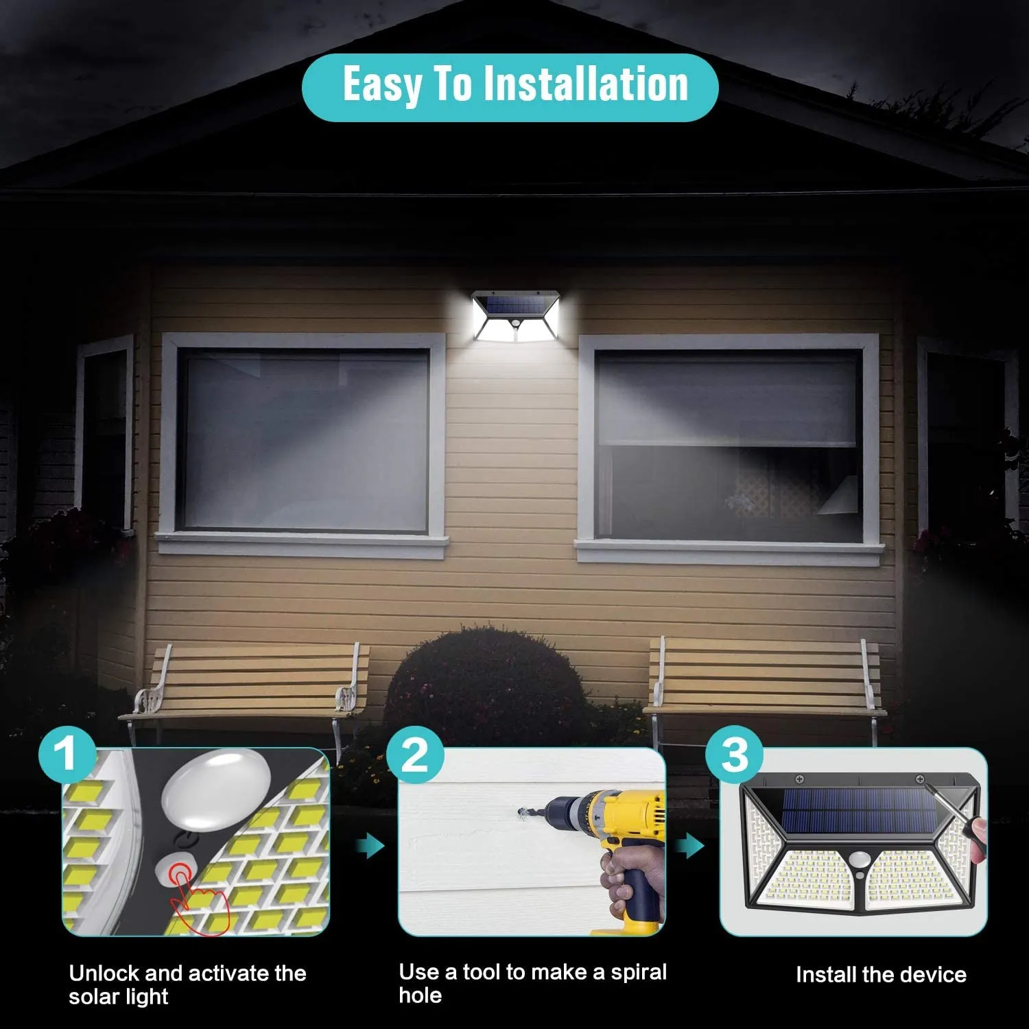 NIB! Solar Lights Outdoor,180 LEDs Wireless Motion Sensor Light 3 Modes Security Lighting Wall Lights,IP65 Waterproof Easy-to-Install with 270°Angle Night Light for Front Door, Step Stair,Yard, Garage, Deck---2 Pack