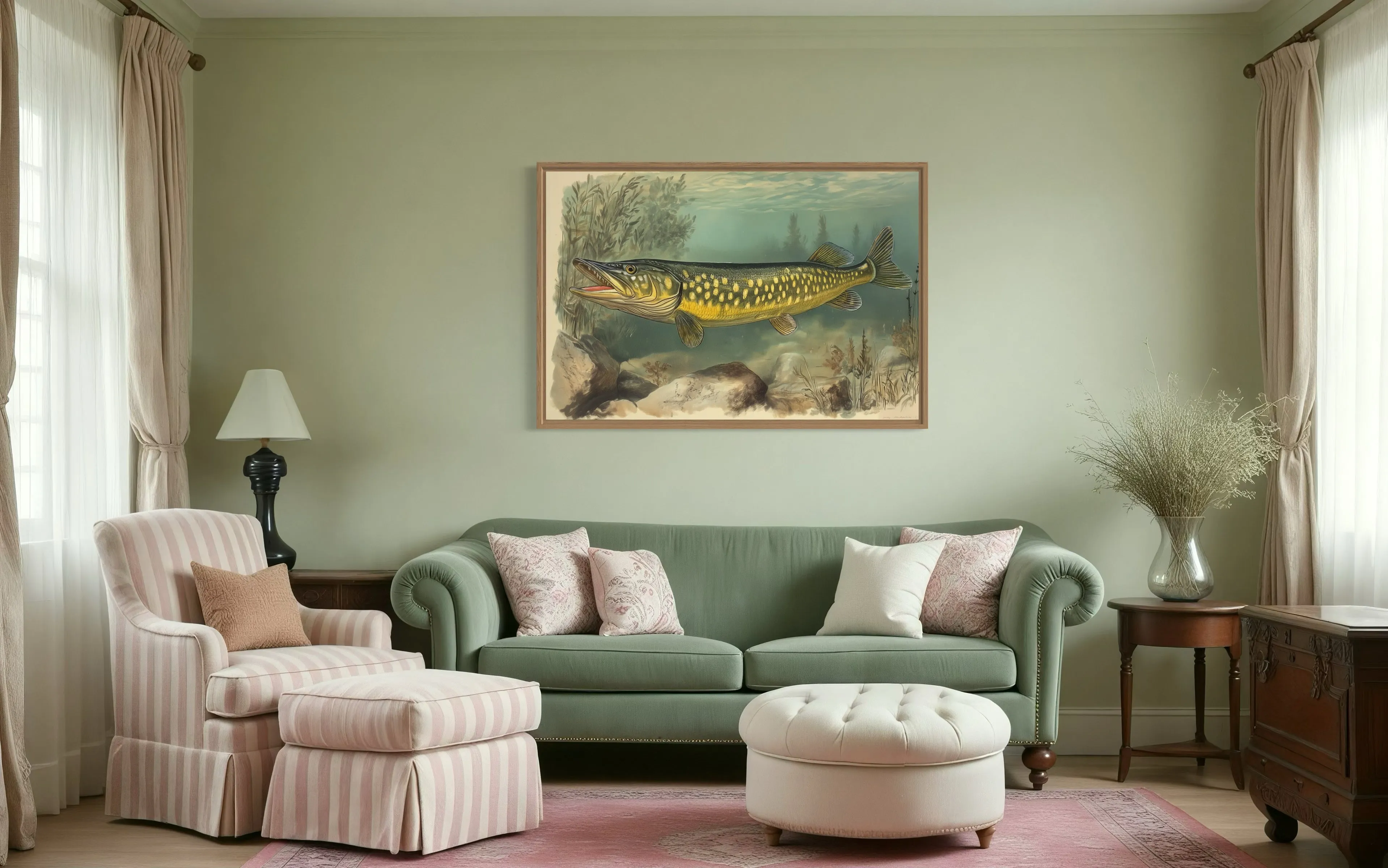 Northern Pike Vintage Fish Painting Framed Canvas Wall Art