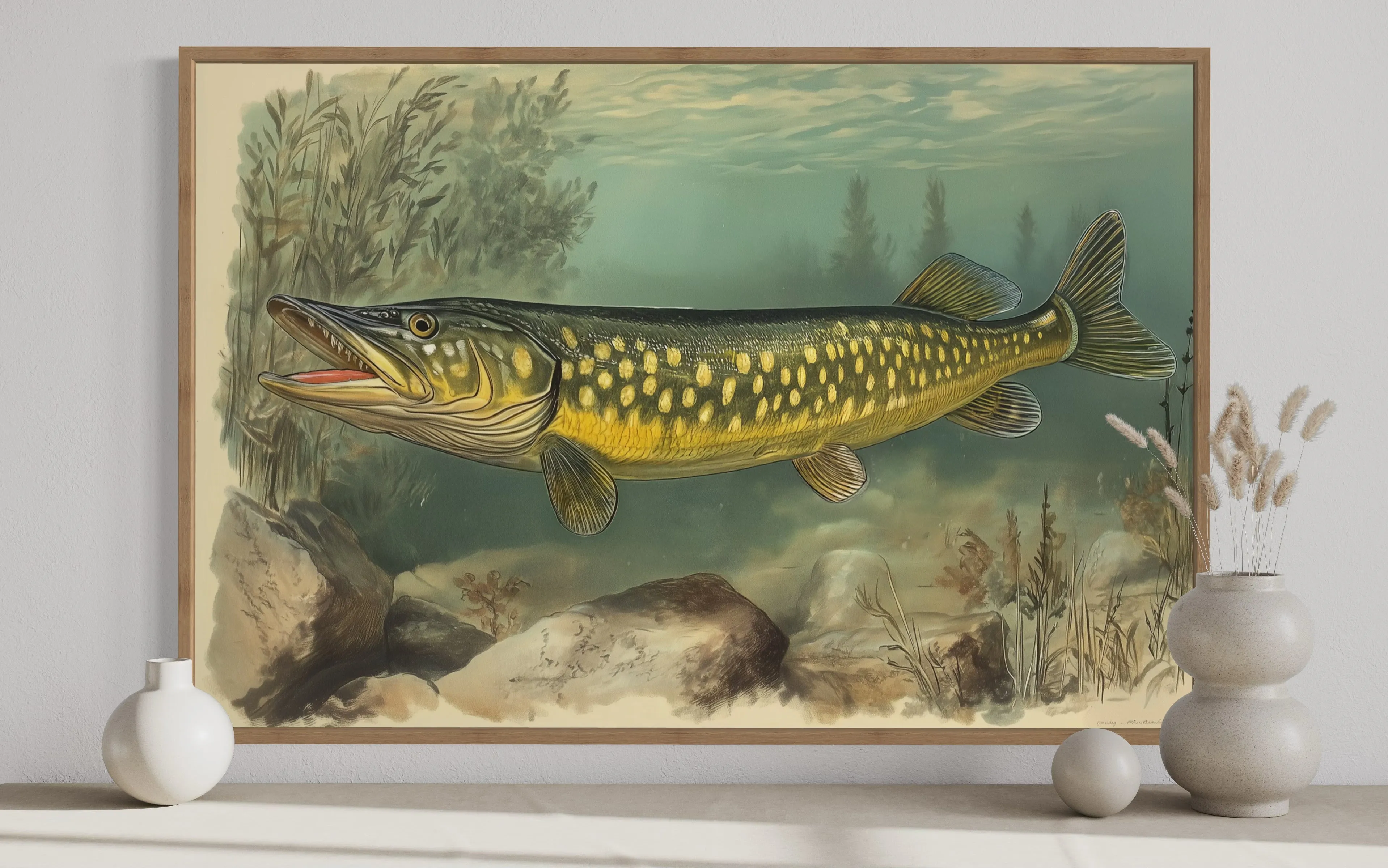 Northern Pike Vintage Fish Painting Framed Canvas Wall Art
