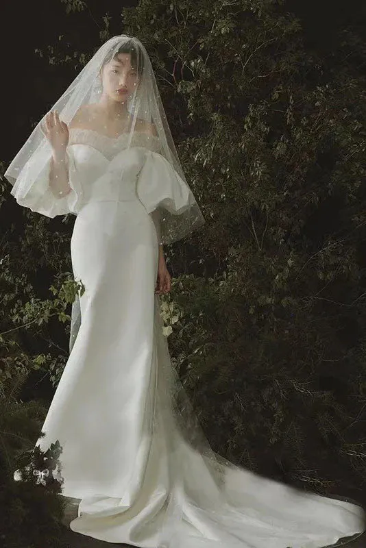 Off The Shoulder Satin Wedding Dresses, Fashion Long Mermaid Bridal Dresses OK1947