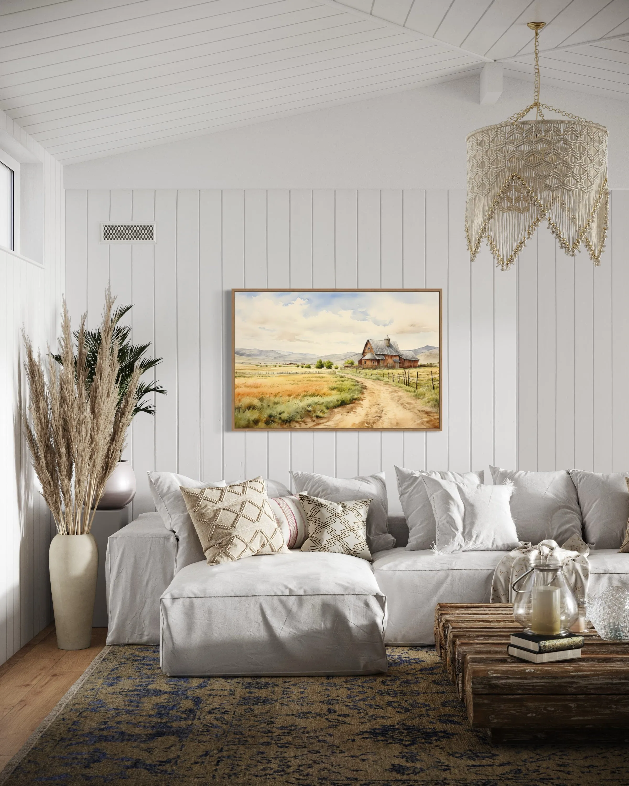 Old Barn in The Farm Field Vintage Rural Framed Canvas Wall Art