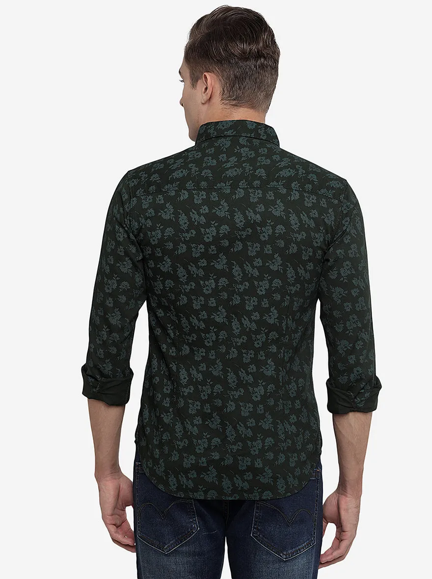 Olive Green Printed Slim Fit Semi Casual Shirt | Greenfibre