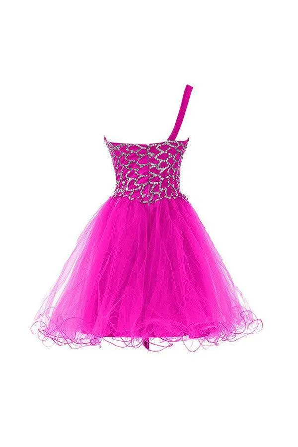 One Shoulder Tulle Homecoming Dresses Short Prom Dresses With Beading TR002
