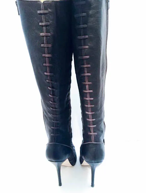 OSCAR DE LA RENTA Black Leather Knee High Pointed Boots Size 9