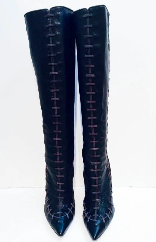 OSCAR DE LA RENTA Black Leather Knee High Pointed Boots Size 9