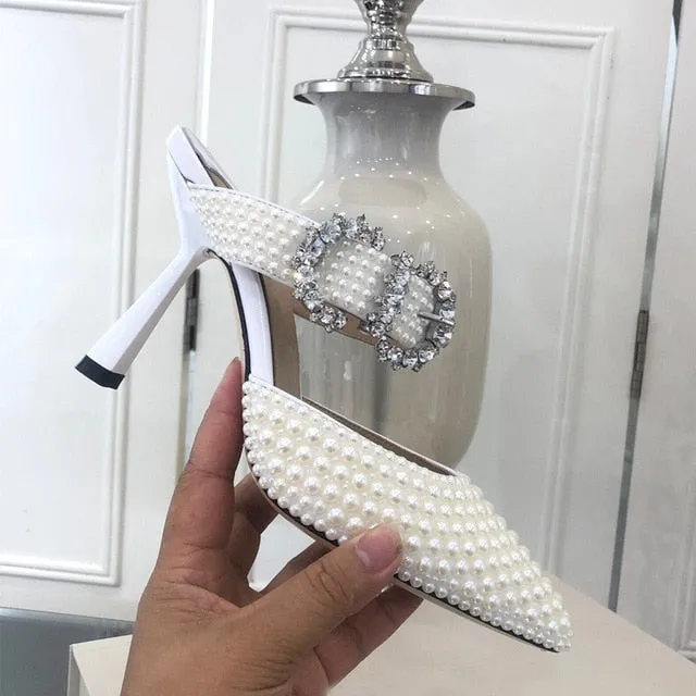 Pearl Embellished High Heel Pumps Ladies Wedding Shoes