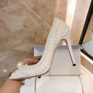 Pearl Embellished High Heel Pumps Ladies Wedding Shoes