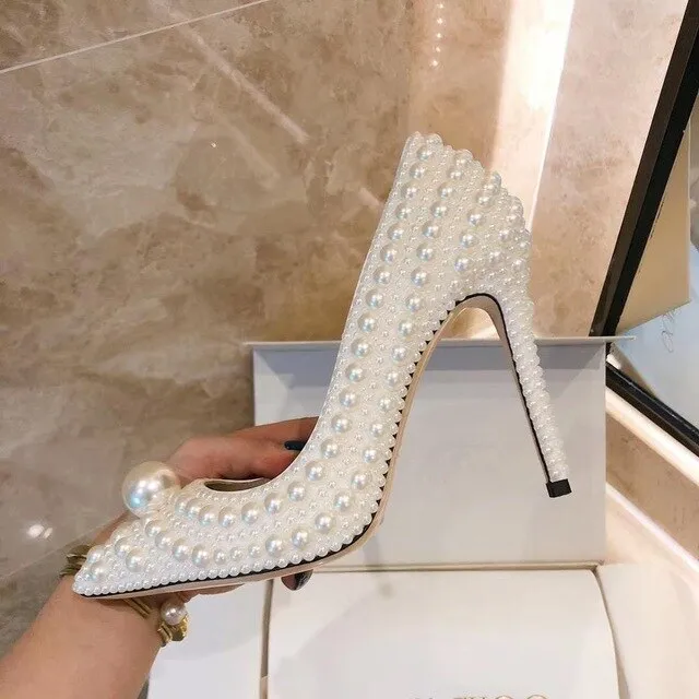 Pearl Embellished High Heel Pumps Ladies Wedding Shoes