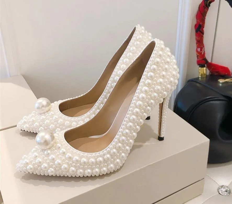 Pearl Embellished High Heel Pumps Ladies Wedding Shoes