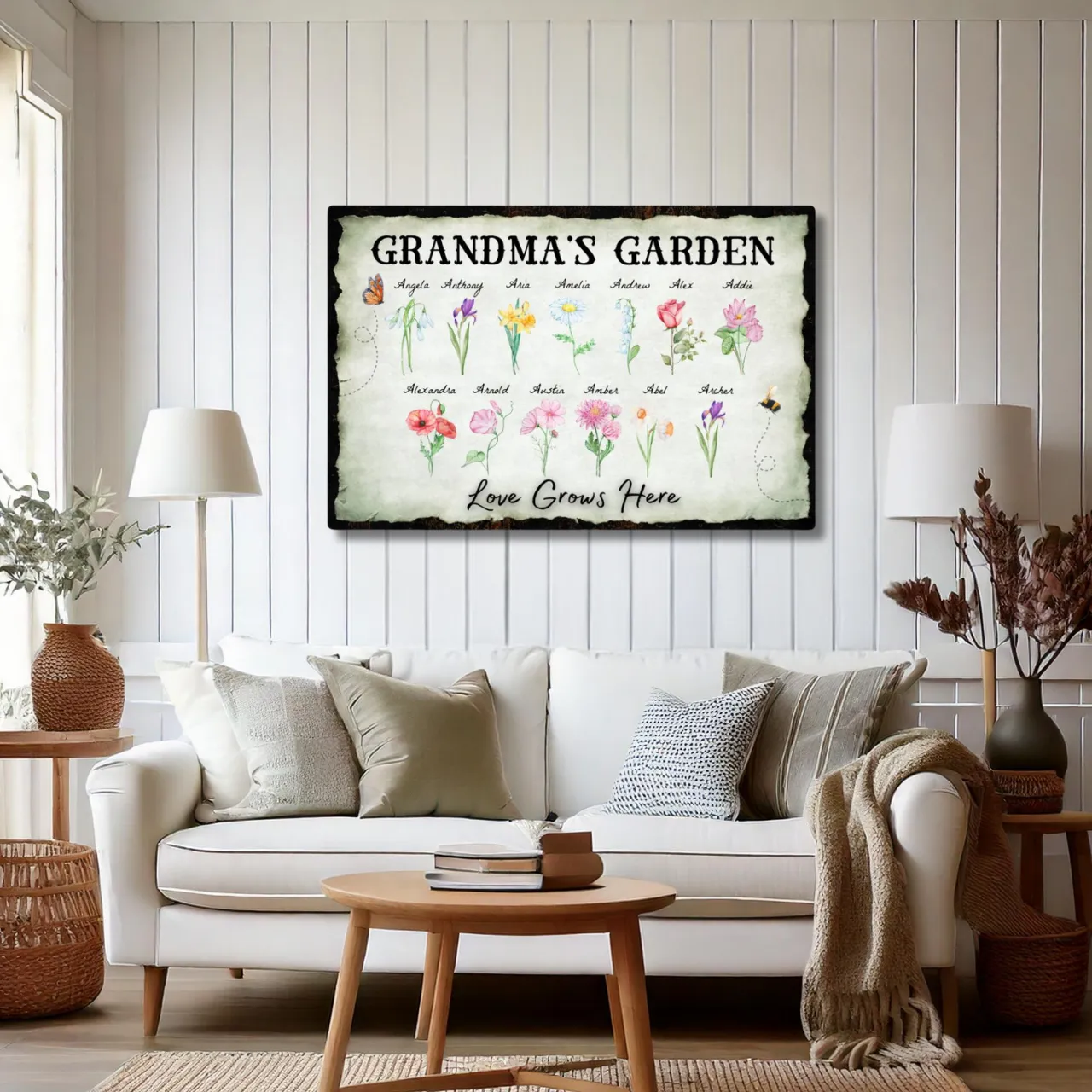 Personalized "Love Grows Here" Canvas – Custom Birth Flower Family Garden Artwork