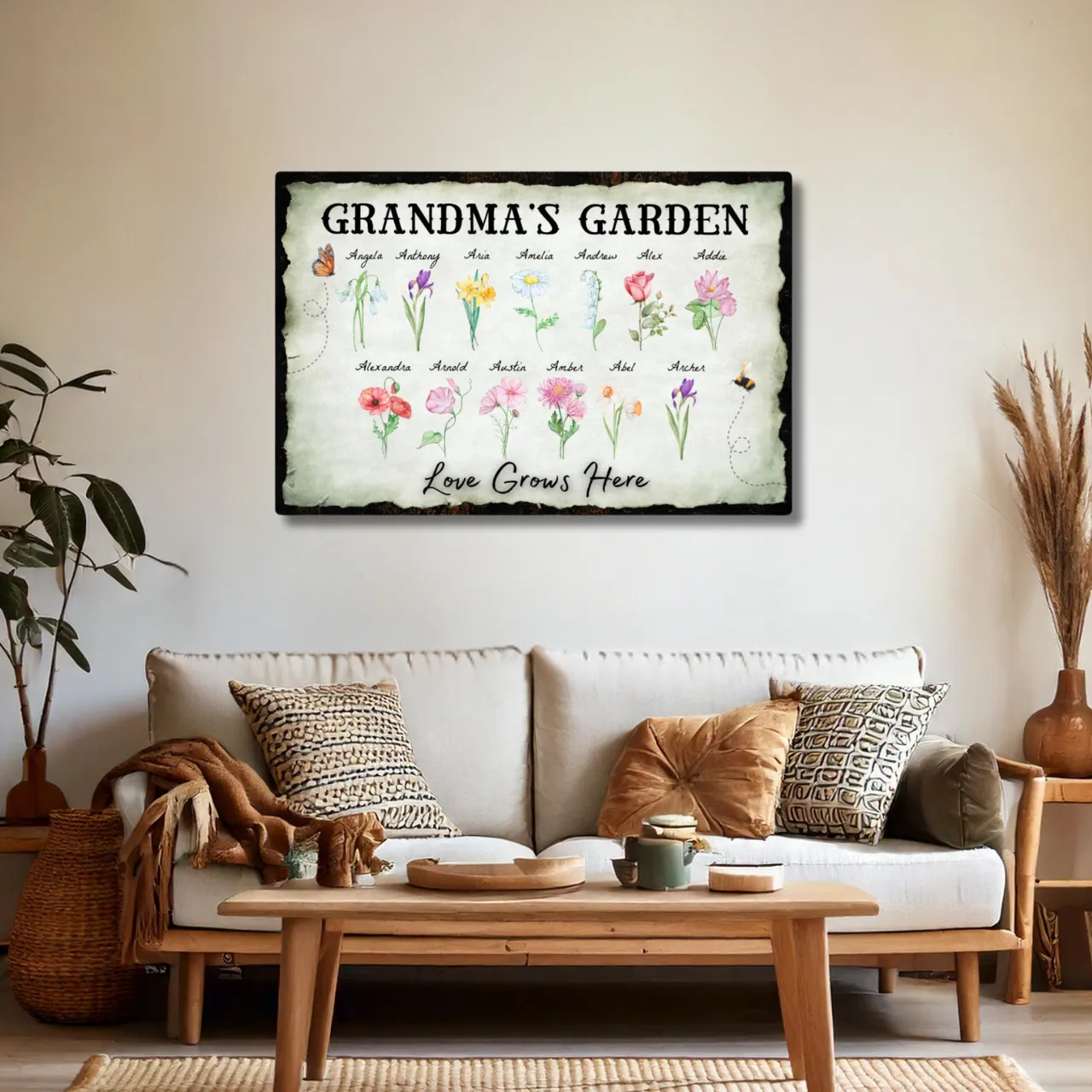 Personalized "Love Grows Here" Canvas – Custom Birth Flower Family Garden Artwork