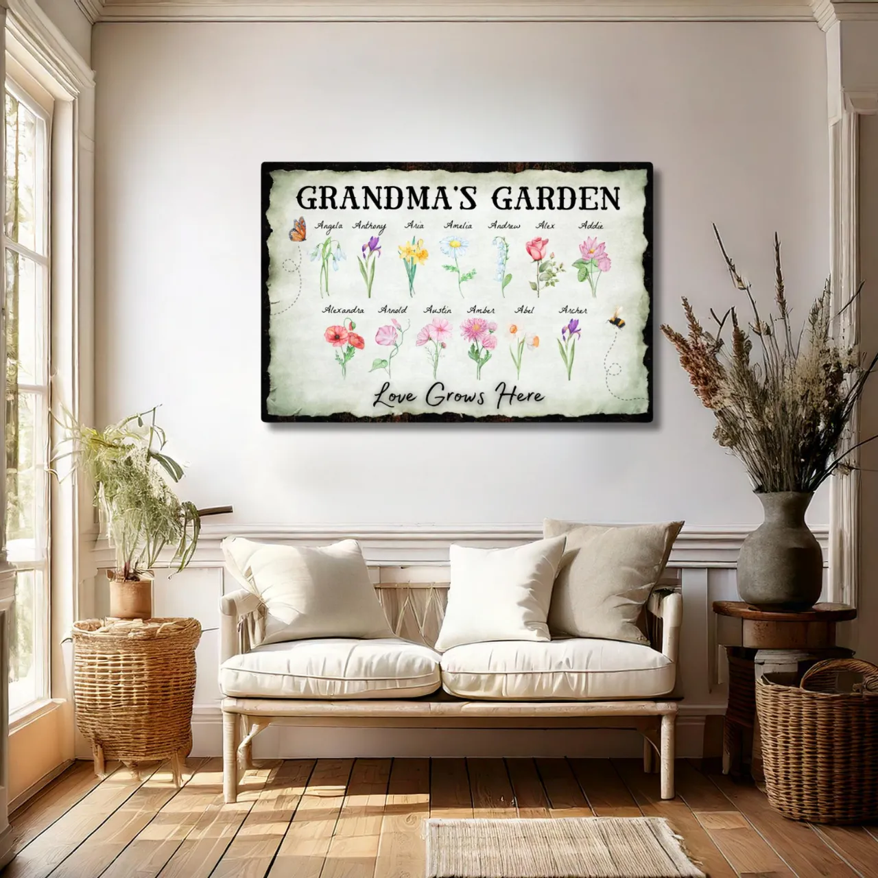 Personalized "Love Grows Here" Canvas – Custom Birth Flower Family Garden Artwork