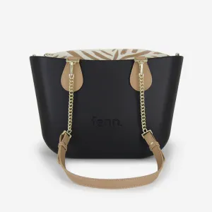 Petite Handbag - Black - Stripe Inner - Light Tan Handle - Gold Chain