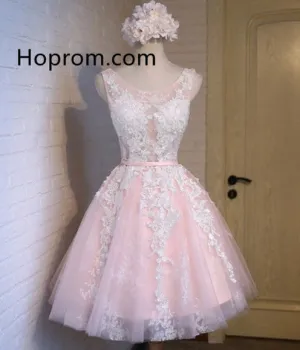 Pink A-line Appliques Tulle Homecoming Dresses, Lace Up Cute Dress