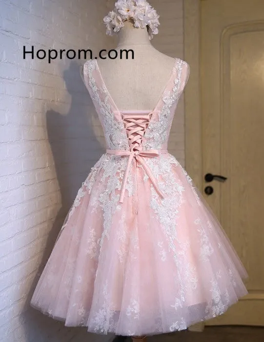 Pink A-line Appliques Tulle Homecoming Dresses, Lace Up Cute Dress