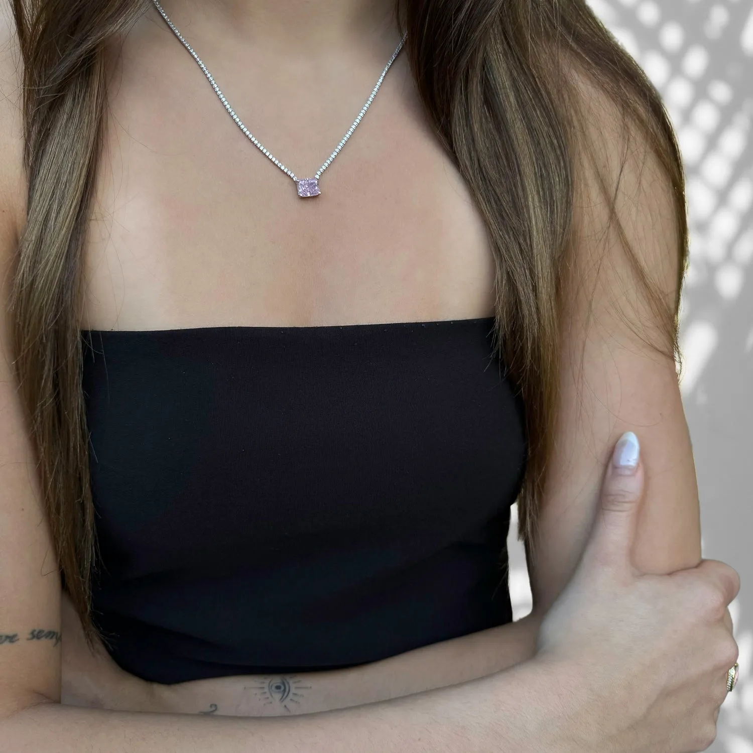 Pink Quartz Sterling Silver Diamond Chain Fashion Necklace