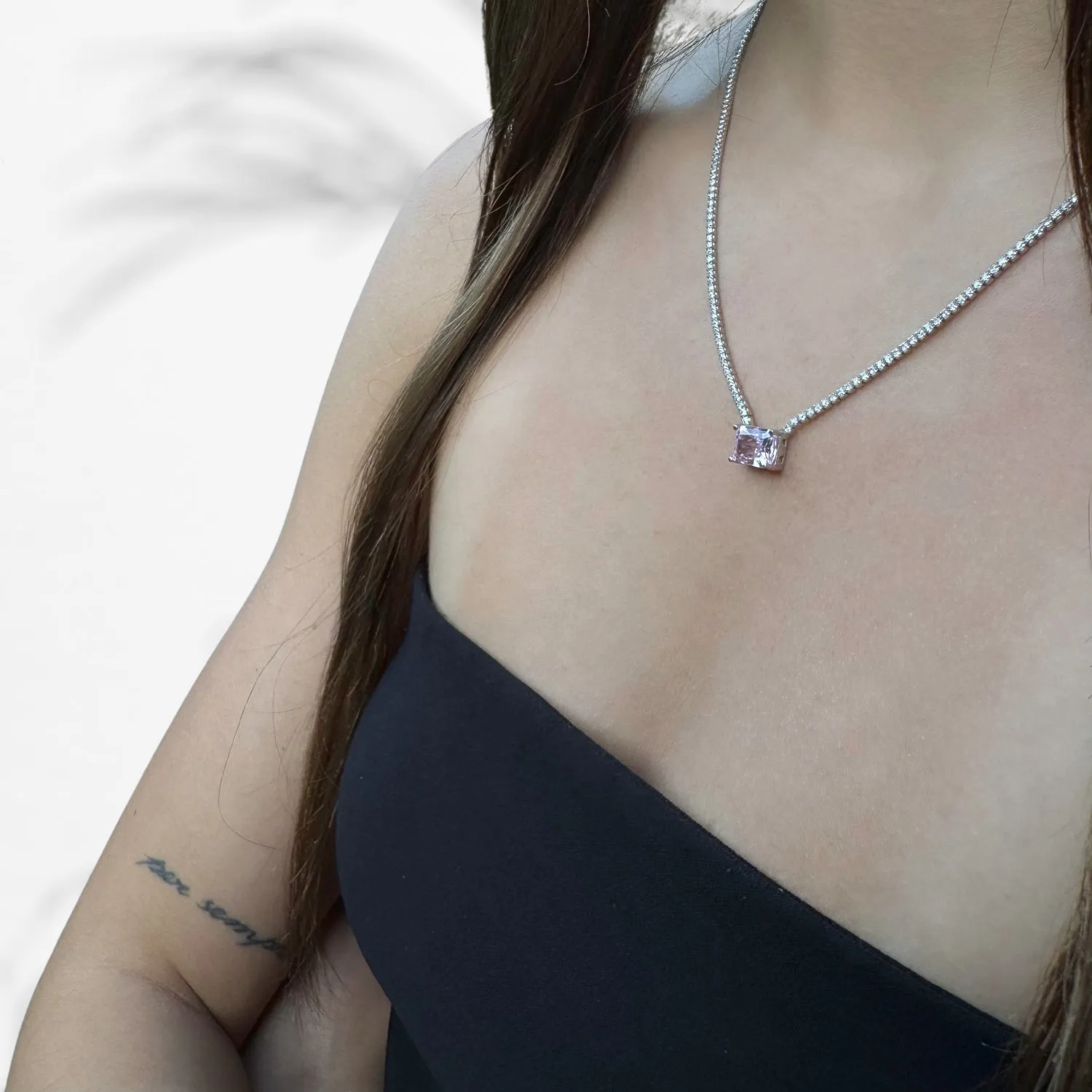 Pink Quartz Sterling Silver Diamond Chain Fashion Necklace