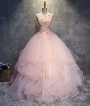 Pink round neck tulle lace applique long prom dress, pink evening dress