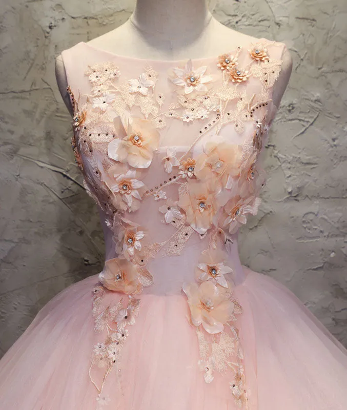 Pink round neck tulle lace applique long prom dress, pink evening dress
