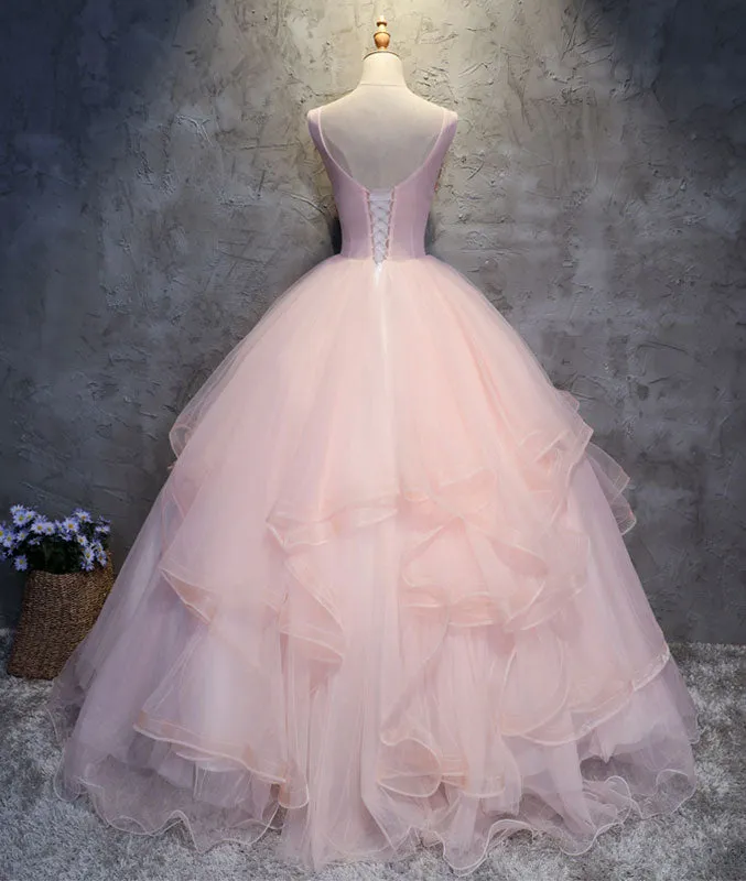 Pink round neck tulle lace applique long prom dress, pink evening dress