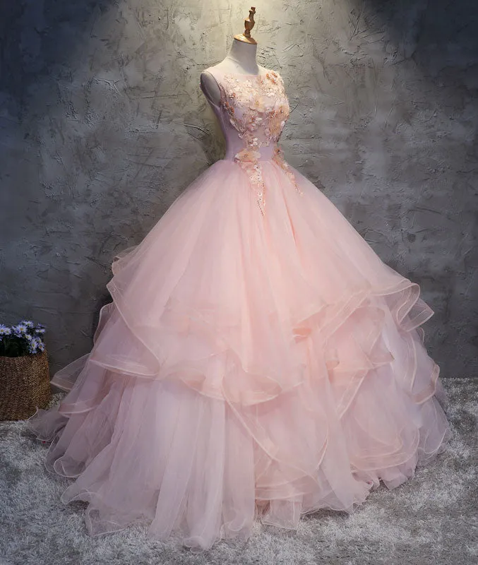Pink round neck tulle lace applique long prom dress, pink evening dress