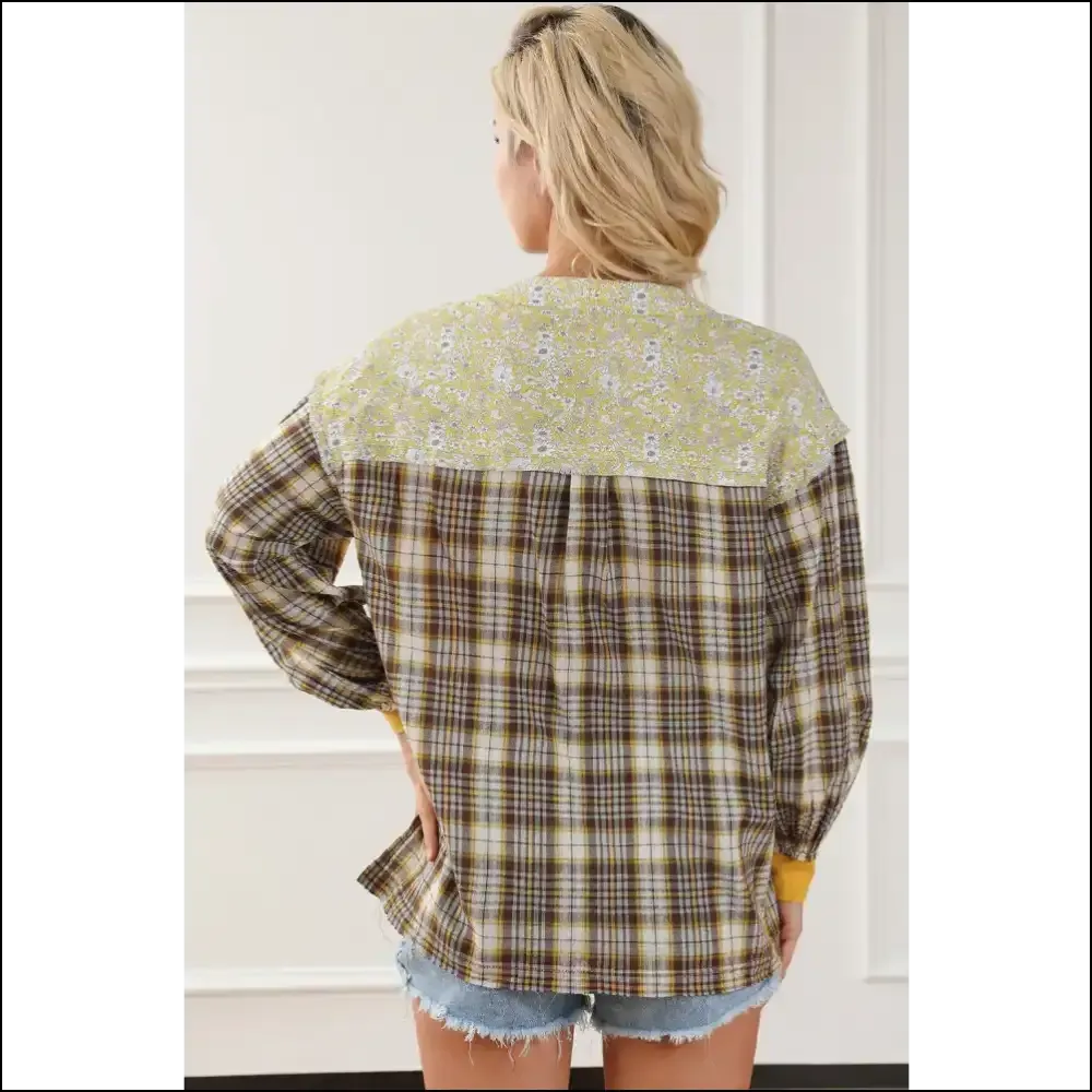Plaid Notched Neck Slit Blouse - Chic & Trendy