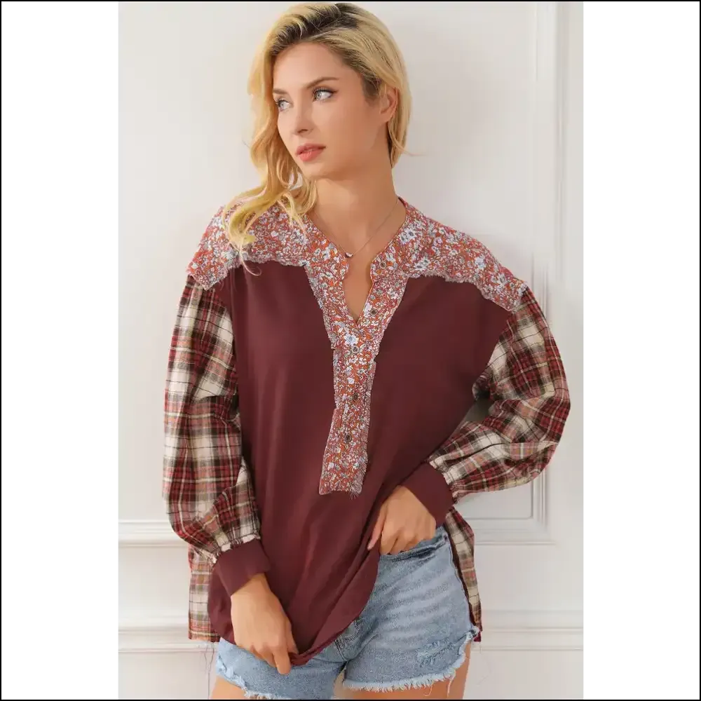 Plaid Notched Neck Slit Blouse - Chic & Trendy