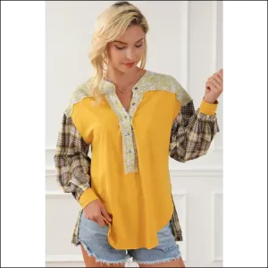 Plaid Notched Neck Slit Blouse - Chic & Trendy